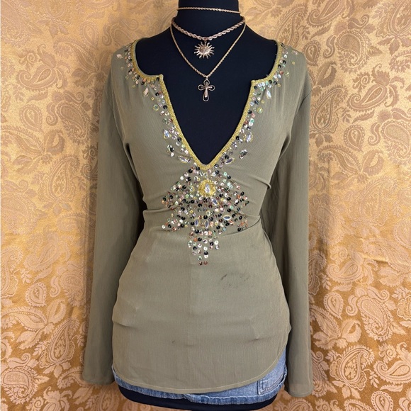 ✨Vintage Y2K Boho Beaded & Sequins Deep V Neck Olive Blouse✨ - Picture 3 of 9